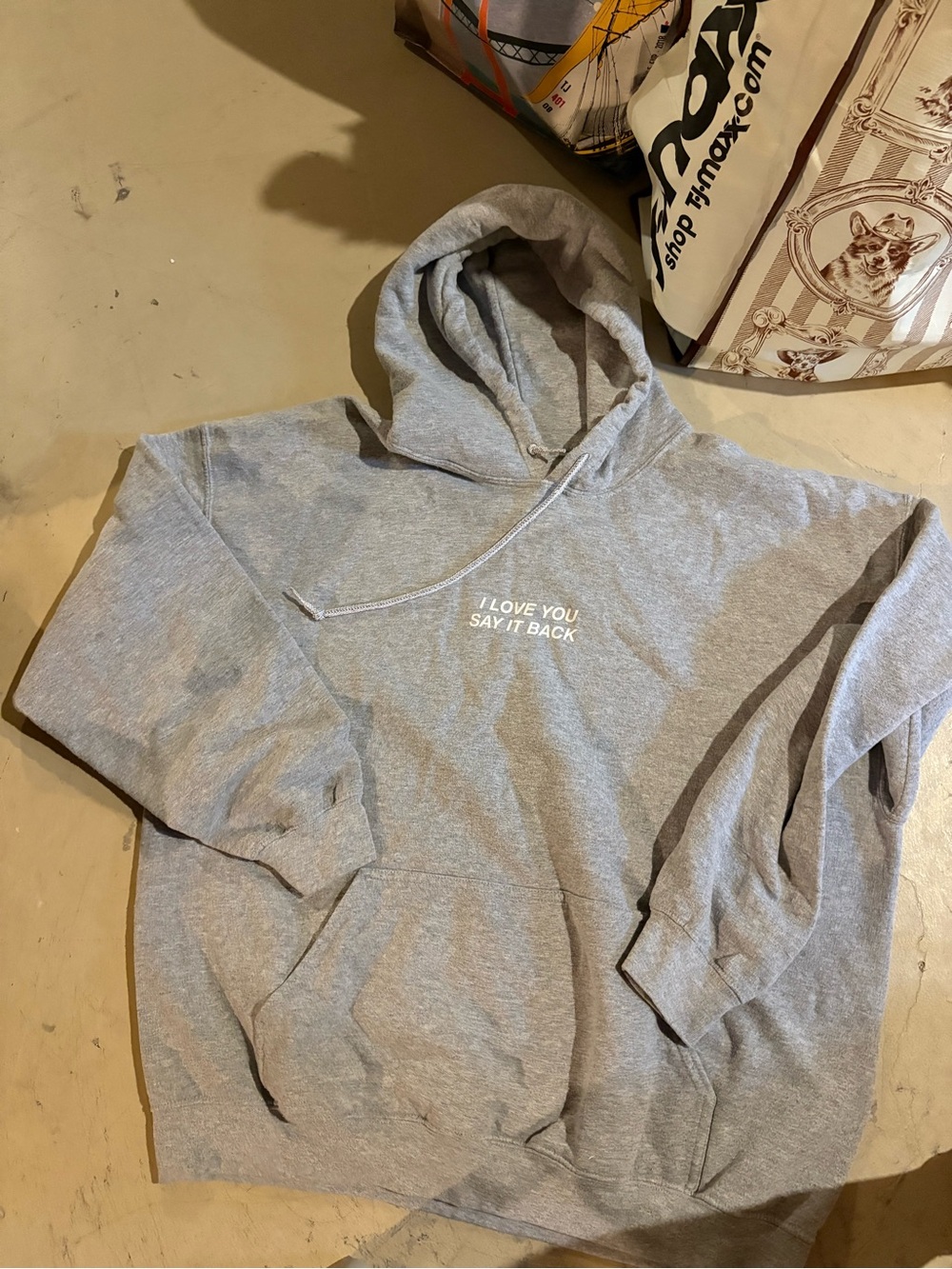 Gray Pullover Hoodie with "I LOVE YOU SAY IT BACK" Print
